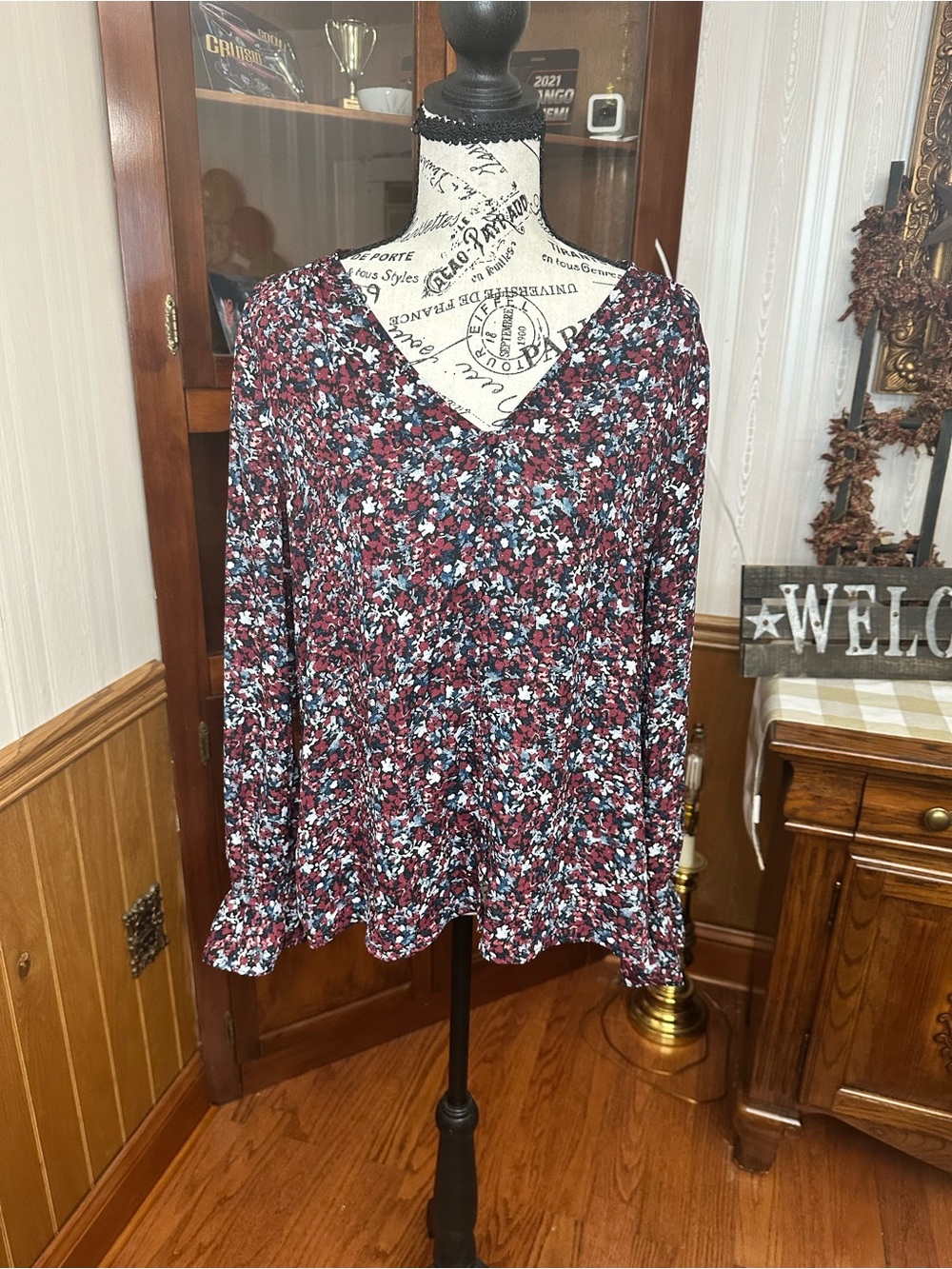 Maurices Burgundy Floral V-Neck Long Sleeve Top